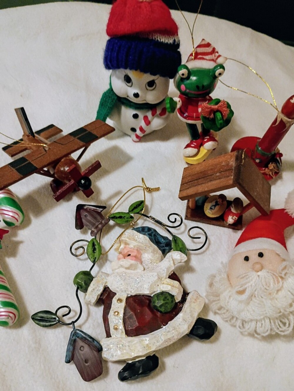 Holiday Hanging Ornaments Lot Of 8 Wooden Airplane, Bell Snowman